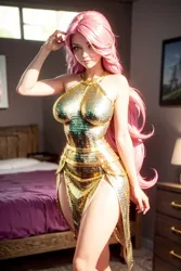 Size: 1024x1536 | Tagged: safe, ai content, derpibooru import, machine learning generated, fluttershy, human, adorasexy, armor, bed, bedroom, breasts, busty fluttershy, chainmail, clothes, cute, dress, frame, g4, generator:yodayo, gold, humanized, image, indoors, jewelry, jpeg, long hair, picture frame, prompter:sammykun, realistic, reasonably sized breasts, sexy, short dress, sleeveless, sleeveless dress, smiling, tight clothing, tight fit, window