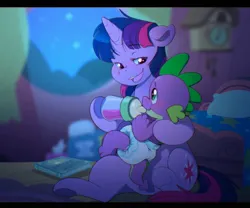 Size: 2048x1702 | Tagged: suggestive, artist:cuddlehooves, derpibooru import, spike, twilight sparkle, dragon, pony, unicorn, baby, baby bottle, baby spike, bedroom, blushing, cuddlehooves is trying to murder us, diaper, diaper fetish, diapered, female, fetish, g4, golden oaks library, image, jpeg, library, male, mama twilight, night, younger