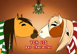 Size: 2480x1748 | Tagged: safe, artist:sweetpea-and-friends, derpibooru import, horse, pony, christmas, clothes, commission, female, holiday, image, kissing, kissy face, male, mare, mistletoe, png, puckered lips, rain, scarf, spirit, stallion, ych example, your character here