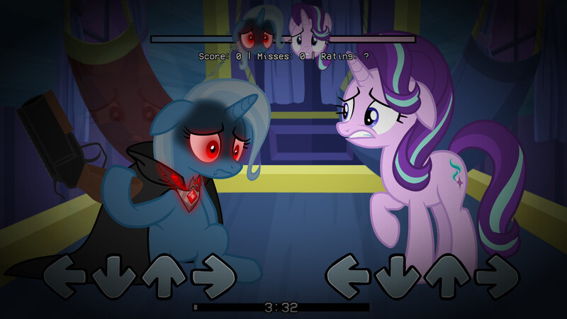 Size: 1280x720 | Tagged: semi-grimdark, derpibooru import, starlight glimmer, trixie, pony, unicorn, alicorn amulet, cape, clothes, duo, female, floppy ears, friday night funkin', frown, gun, image, implied suicide, jpeg, mare, raised hoof, red eyes, show accurate, sitting, standing, the sad and depresive trixie, weapon