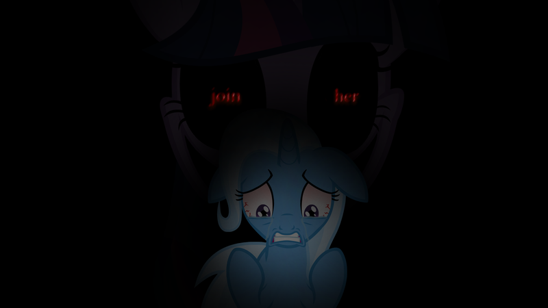 Size: 1920x1080 | Tagged: semi-grimdark, artist:horses are fuckin weird, derpibooru import, trixie, twilight sparkle, alicorn, pony, unicorn, fanfic:final performance, lesson zero, bloodshot eyes, creepy, creepypasta, crying, depressed, disembodied head, female, floppy ears, grimdark source, hallucination, image, implied suicide, mare, png, sad, text, the sad and depresive trixie