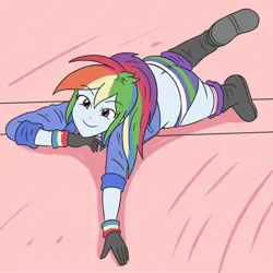 Size: 2044x2048 | Tagged: source needed, suggestive, artist:sumin6301, derpibooru import, rainbow dash, human, equestria girls, boots, breasts, busty rainbow dash, buttcrack, clothes, eyebrows, eyebrows visible through hair, female, gloves, image, jpeg, looking at you, lying down, panties, prone, shoes, smiling, solo, solo female, striped panties, striped underwear, stupid sexy rainbow dash, underwear, wristband