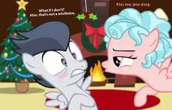 Size: 1386x886 | Tagged: safe, artist:lunaticdawn, derpibooru import, cozy glow, rumble, pegasus, pony, bedroom eyes, blushing, caption, chimney, christmas, christmas tree, colt, curls, curly mane, cute, decoration, duo, female, filly, fire, fireplace, foal, freckles, hearth's warming eve, holiday, holly, holly mistaken for mistletoe, image, imminent kissing, leaning, leaning back, male, nervous, png, puckered lips, rug, rumbleglow, shipping, straight, text, tree