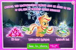Size: 1958x1297 | Tagged: safe, derpibooru import, official, applejack, earth pony, pony, advertisement, applejack's hat, bow, bush, cloud, coin, costs real money, cowboy hat, english, female, g4, gameloft, gem, hair bow, hat, image, jpeg, mare, mobile game, my little pony: magic princess, numbers, rainbow power, rainbow power-ified, rainbow waterfall, sale, solo, solo focus, tail, tail bow, text