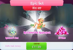 Size: 1267x862 | Tagged: safe, derpibooru import, official, applejack, earth pony, pony, applejack's hat, bow, bundle, bush, cloud, coin, costs real money, cowboy hat, english, female, g4, gameloft, gem, hair bow, hat, image, jpeg, mare, mobile game, my little pony: magic princess, numbers, rainbow power, rainbow power-ified, rainbow waterfall, sale, solo, solo focus, tail, tail bow, text