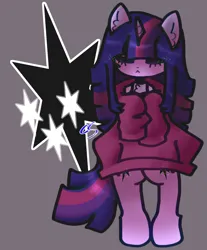 Size: 1200x1450 | Tagged: safe, artist:cutiesparke, derpibooru import, twilight sparkle, semi-anthro, unicorn, :<, alternate hairstyle, bipedal, chest fluff, clothes, cutie mark, cutie mark background, ear fluff, eyes closed, g4, hoodie, image, lightly watermarked, oversized clothes, png, simple background, solo, unicorn twilight, watermark