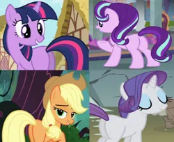 Size: 828x676 | Tagged: safe, derpibooru import, edit, edited screencap, screencap, applejack, rarity, starlight glimmer, twilight sparkle, unicorn, a dog and pony show, spike at your service, applebutt, blank flank, butt, cropped, flank, glimmer glutes, image, png, rearity, twibutt, unicorn twilight