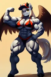 Size: 512x768 | Tagged: source needed, suggestive, ai content, derpibooru import, machine learning generated, prompter:james-stalink, derpy hooves, anthro, pegasus, unguligrade anthro, abs, baseball cap, bicep flex, biceps, big breasts, bikini, bodybuilder, breasts, burly hooves, busty derpy hooves, calves, cap, clothes, female, flexing, g4, hat, image, looking at you, muscles, muscular female, pecs, png, red bikini, red swimsuit, solo, solo female, swimsuit, thighs, thunder thighs, triceps