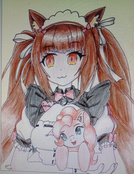 Size: 2944x3841 | Tagged: safe, artist:40kponyguy, derpibooru import, pinkie pie, cat, earth pony, pony, anime, catgirl, chocola (nekopara), clothes, colored pencil drawing, crossover, derpibooru exclusive, ear fluff, g4, head tilt, holding a pony, image, jpeg, looking at you, maid, pigtails, simple background, traditional art, twintails