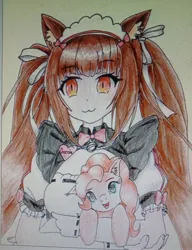 Size: 2944x3841 | Tagged: safe, artist:40kponyguy, derpibooru import, pinkie pie, cat, earth pony, pony, anime, catgirl, chocola (nekopara), clothes, colored pencil drawing, crossover, derpibooru exclusive, ear fluff, g4, head tilt, holding a pony, image, jpeg, looking at you, maid, pigtails, simple background, traditional art, twintails