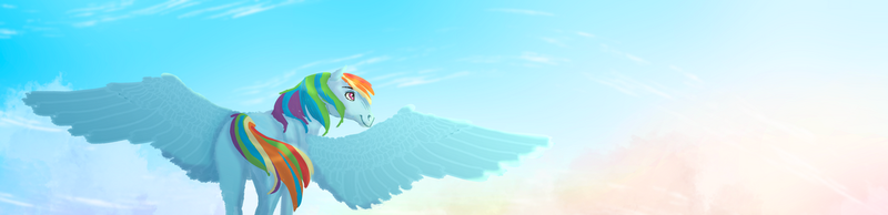 Size: 1280x311 | Tagged: safe, artist:shaslan, derpibooru import, rainbow dash, pegasus, pony, butt, facing away, female, g4, hoers, image, mare, plot, png, rainbutt dash, sky, smiling, solo, spread wings, turned head, wings