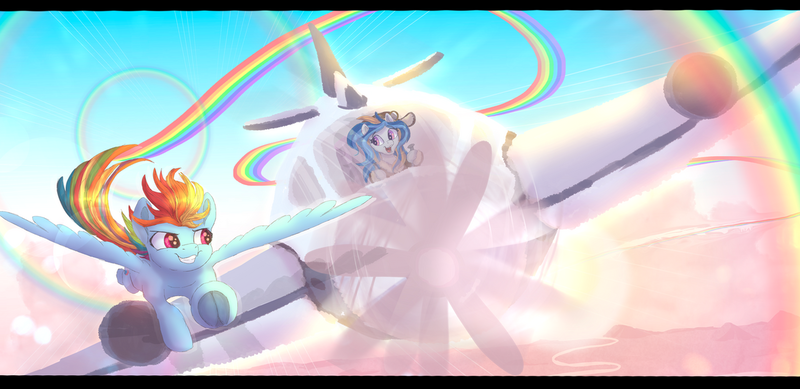 Size: 1280x622 | Tagged: safe, artist:shaslan, derpibooru import, rainbow dash, oc, pegasus, pony, commission, duo, female, flying, g4, grin, image, looking at each other, looking at someone, mare, open mouth, open smile, plane, png, racing, rainbow trail, smiling, smiling at each other