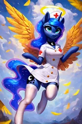 Size: 800x1200 | Tagged: safe, ai content, derpibooru import, machine learning generated, stable diffusion, princess luna, alicorn, anthro, breasts, clothes, cute, ethereal hair, ethereal mane, ethereal tail, g4, generator:pony diffusion v5, halo, hat, horn, image, nurse hat, nurse outfit, png, royalty, solo, spread wings, tail, wings