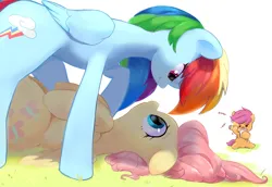 Size: 3080x2116 | Tagged: suggestive, artist:dulldi, derpibooru import, fluttershy, rainbow dash, scootaloo, pegasus, pony, cute, female, filly, flutterdash, foal, g4, image, lesbian, mare, pencil, png, shipping, shyabetes