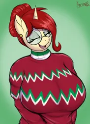 Size: 3186x4350 | Tagged: suggestive, artist:an-tonio, derpibooru import, oc, oc:golden brooch, anthro, unicorn, adorasexy, big breasts, breasts, busty golden brooch, christmas, christmas sweater, clothes, cute, eyes closed, female, holiday, huge breasts, image, mother, png, sexy, solo, sweater, sweater puppies