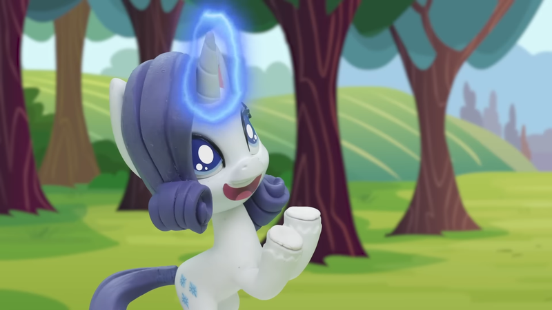 Size: 1920x1080 | Tagged: safe, derpibooru import, screencap, rarity, pony, unicorn, my little pony: pony life, my little pony: stop motion short, bipedal, cute, euphoric, female, image, magic, magic aura, mare, png, smiling