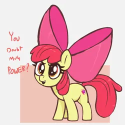 Size: 2400x2400 | Tagged: safe, artist:t72b, derpibooru import, apple bloom, earth pony, pony, accessory, adorabloom, apple bloom's bow, big bow, bow, cute, female, filly, frown, grin, hair bow, image, impossibly large bow, looking at you, open mouth, png, simple background, smiling, smirk, solo, talking to viewer, text, white background
