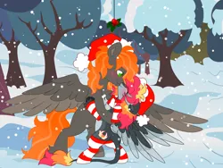 Size: 8000x6000 | Tagged: safe, artist:crazysketch101, derpibooru import, oc, oc:ashton burnside, oc:crazy looncrest, pegasus, pony, burncrest, christmas, clothes, hat, holiday, image, kissing, leggings, mistletoe, png, santa hat, scarf, snow, socks