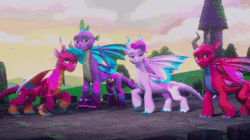 Size: 1920x1074 | Tagged: safe, derpibooru import, screencap, spike, g5, my little pony: make your mark, spoiler:g5, spoiler:my little pony: make your mark, spoiler:my little pony: make your mark chapter 6, spoiler:mymc06e03, animated, blaize skysong, dragon lord spike, fountain (g5), gif, image, jade (g5), lava (g5), luxxe, my little pony: make your mark chapter 6, older, older spike, reunion, roots of all evil, shiny, snuggling