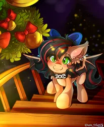 Size: 1700x2064 | Tagged: safe, artist:yuris, derpibooru import, oc, oc:nox, bat pony, pony, bat pony oc, bat wings, bell, blue eyes, blushing, brown mane, christmas, christmas lights, christmas tree, commission, cute, ear piercing, female, floppy ears, garland, holiday, house, image, indoors, looking at you, looking up, looking up at you, piercing, png, room, smiling, solo, spread wings, staircase, string lights, tree, wings, ych result
