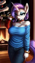 Size: 808x1440 | Tagged: suggestive, ai content, derpibooru import, generator:haydensyiffmixv14tuned, machine learning generated, stable diffusion, rarity, anthro, unicorn, bedroom eyes, big breasts, blue eyes, bracelet, breasts, choker, christmas, christmas tree, cleavage, clothes, denim, female, fireplace, g4, holiday, image, indoors, jeans, jewelry, jpeg, looking at you, makeup, off shoulder, open mouth, pants, prompt in description, prompter:marusame, purple hair, smiling, solo, tail, tree