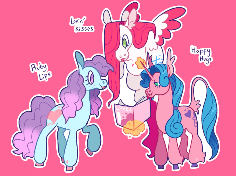Size: 2335x1736 | Tagged: safe, artist:goatpaste, derpibooru import, ruby lips, classical unicorn, earth pony, pegasus, pony, unicorn, g1, cloven hooves, female, flying, freckles, glow, glowing horn, hair over one eye, happy hugs, heart, heart mark, horn, image, leonine tail, levitation, lovin' kisses, magazine, magic, magic aura, male, mare, open mouth, open smile, pink background, png, race swap, raised hoof, reading, rule 63, simple background, smiling, spread wings, stallion, tail, telekinesis, trio, unshorn fetlocks, wings