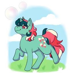 Size: 2000x2000 | Tagged: safe, alternate version, artist:primrosedinocat, derpibooru import, fizzy, pony, twinkle eyed pony, unicorn, g1, bubble, cloud, female, grass, image, looking up, mare, outdoors, partially transparent background, png, raised hoof, raised leg, smiling, solo, tail