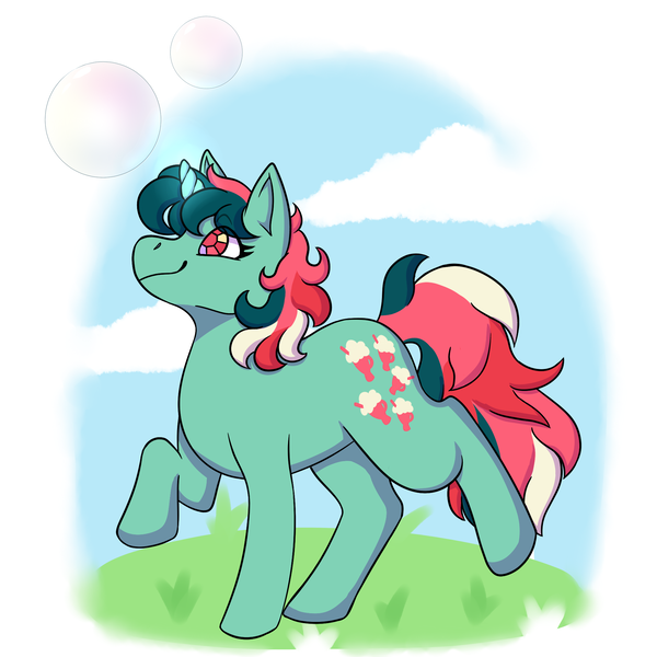 Size: 2000x2000 | Tagged: safe, artist:primrosedinocat, derpibooru import, fizzy, pony, twinkle eyed pony, unicorn, g1, bubble, cloud, female, glow, glowing horn, grass, horn, image, looking up, mare, outdoors, png, raised hoof, raised leg, smiling, solo, tail