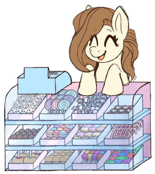 Size: 1828x2048 | Tagged: safe, alternate version, artist:primrosedinocat, derpibooru import, oc, oc:caramel cube, unofficial characters only, earth pony, pony, candy, candy cane, candy shop, caramel apple (food), cash register, chocolate, earth pony oc, eyes closed, female, food, image, lollipop, macaron, mare, open mouth, open smile, png, requested art, simple background, smiling, solo, transparent background
