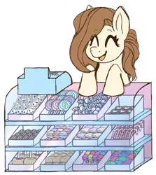 Size: 1828x2048 | Tagged: safe, alternate version, artist:primrosedinocat, derpibooru import, oc, oc:caramel cube, unofficial characters only, earth pony, pony, candy, candy cane, candy shop, caramel apple (food), cash register, chocolate, earth pony oc, eyes closed, female, food, image, lollipop, macaron, mare, open mouth, open smile, png, requested art, simple background, smiling, solo, transparent background
