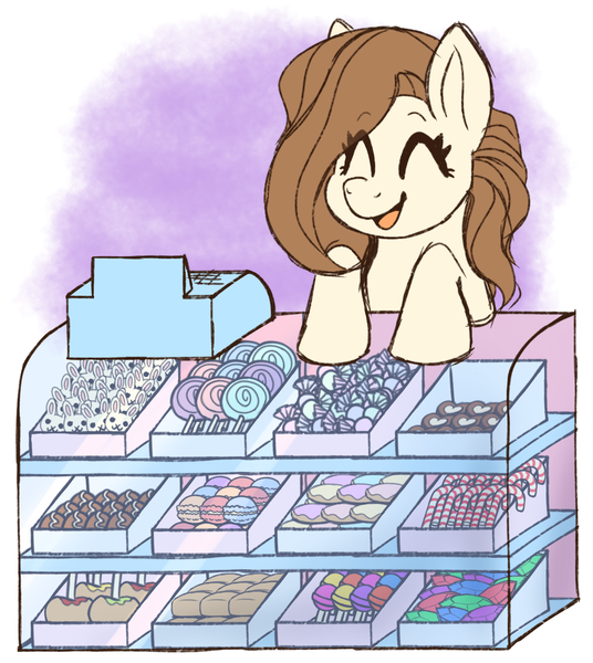 Size: 1828x2048 | Tagged: safe, artist:primrosedinocat, derpibooru import, oc, oc:caramel cube, unofficial characters only, earth pony, pony, candy, candy cane, candy shop, caramel apple (food), cash register, chocolate, earth pony oc, eyes closed, female, food, image, lollipop, macaron, mare, open mouth, open smile, png, requested art, smiling, solo