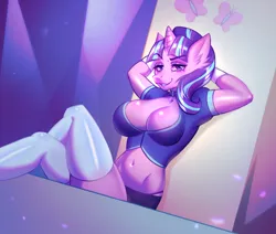 Size: 2400x2036 | Tagged: suggestive, artist:nnitrogen, derpibooru import, starlight glimmer, anthro, unicorn, the cutie re-mark, absolute cleavage, arm behind head, belly button, boob window, breasts, busty starlight glimmer, cleavage, female, g4, grin, high res, image, midriff, png, s5 starlight, scene interpretation, smiling, solo, twilight's castle, welcome home twilight
