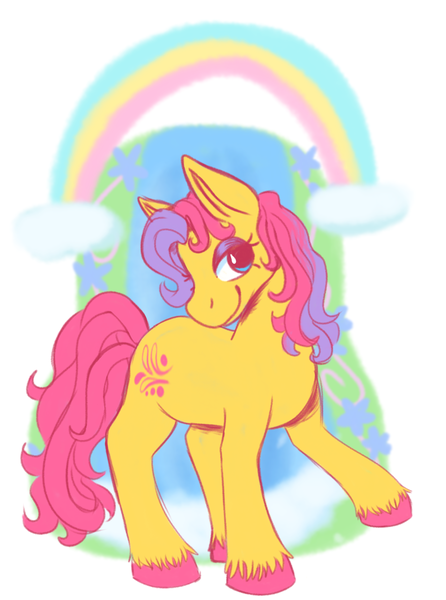 Size: 958x1289 | Tagged: safe, artist:primrosedinocat, derpibooru import, satin splash, earth pony, pony, g2, cloud, eyeshadow, female, image, lidded eyes, makeup, mare, png, rainbow, raised hoof, smiling, tail, toy interpretation, unshorn fetlocks, water, waterfall