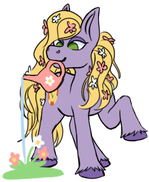 Size: 1132x1382 | Tagged: safe, artist:primrosedinocat, derpibooru import, earth pony, pony, g3, female, flower, flower in hair, garden glade, gardening, image, lidded eyes, looking down, mare, mouth hold, png, raised hoof, smiling, solo, unshorn fetlocks, water, watering can, watering the flowers