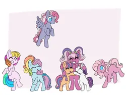 Size: 2000x1500 | Tagged: safe, artist:primrosedinocat, derpibooru import, cheerilee (g3), pinkie pie (g3), rainbow dash (g3), scootaloo (g3), starsong, sweetie belle (g3), toola roola, earth pony, pegasus, pony, unicorn, g3, ask, bipedal, core seven, eyes closed, female, g3.5, group, horn, hug, image, looking down, open mouth, open smile, passepartout, png, raised hoof, requested art, smiling, spread wings, tail, toola-roola, wings