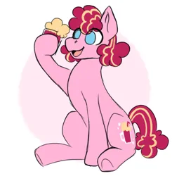 Size: 1134x1156 | Tagged: safe, artist:primrosedinocat, derpibooru import, soda float, earth pony, pony, g3, drink, female, hoof hold, image, mare, open mouth, open smile, png, raised hoof, requested art, root beer float, sitting, smiling, solo, tail