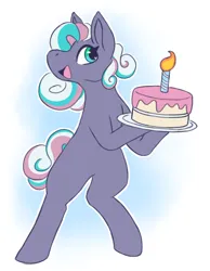 Size: 1026x1325 | Tagged: safe, artist:primrosedinocat, derpibooru import, razzaroo, earth pony, pony, g3, bipedal, birthday cake, birthday candles, cake, female, fire, food, heart, heart eyes, image, mare, open mouth, open smile, plate, png, smiling, solo, tail, wingding eyes