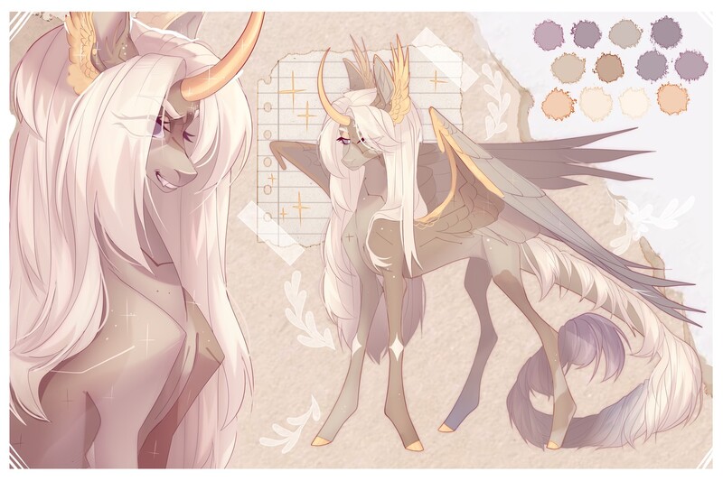Size: 1440x960 | Tagged: safe, artist:meggychocolatka, derpibooru import, oc, unofficial characters only, alicorn, pony, adoptable, alicorn oc, constellation freckles, curved horn, female, freckles, head wings, horn, image, jpeg, mare, reference sheet, solo, wings