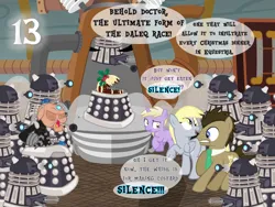 Size: 1032x774 | Tagged: safe, artist:bronybyexception, derpibooru import, derpy hooves, dinky hooves, doctor whooves, time turner, ponified, earth pony, pegasus, pony, unicorn, advent calendar, dalek, davros, doctor who, figgy pudding, food, image, jpeg