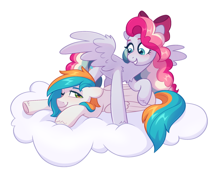 Size: 1607x1380 | Tagged: safe, artist:skysorbett, derpibooru import, oc, oc:sky sorbet, oc:twister joy, unofficial characters only, pegasus, pony, derpibooru community collaboration, 2024 community collab, bow, cloud, duo, duo male and female, female, folded wings, hair bow, image, lying down, male, mare, on a cloud, one eye closed, pegasus oc, png, raised hoof, smiling, spread wings, stallion, wings