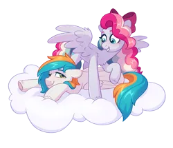 Size: 1607x1380 | Tagged: safe, artist:skysorbett, derpibooru import, oc, oc:sky sorbet, oc:twister joy, unofficial characters only, pegasus, pony, derpibooru community collaboration, 2024 community collab, bow, cloud, duo, duo male and female, female, folded wings, hair bow, image, lying down, male, mare, on a cloud, one eye closed, pegasus oc, png, raised hoof, smiling, spread wings, stallion, wings