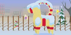 Size: 4320x2160 | Tagged: safe, anonymous artist, derpibooru import, big macintosh, fluttershy, rainbow dash, earth pony, goat, pegasus, pony, series:fm holidays, series:hearth's warming advent calendar 2023, advent calendar, alternate hairstyle, camera, christmas, clothes, earmuffs, female, fence, fire, fluttermac, g4, grin, hat, hay, high res, holiday, hoof hold, image, lineless, male, mare, png, pointy ponies, posing for photo, scarf, shipping, short mane, smiling, snow, stallion, straight, sweater, this will end in fire, torch, winter outfit