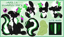 Size: 3500x2000 | Tagged: safe, artist:euspuche, derpibooru import, oc, oc:jareth, skunk, skunk pony, unicorn, backstory, fart, horn, image, png, reference sheet, tail, unicorn oc, writing