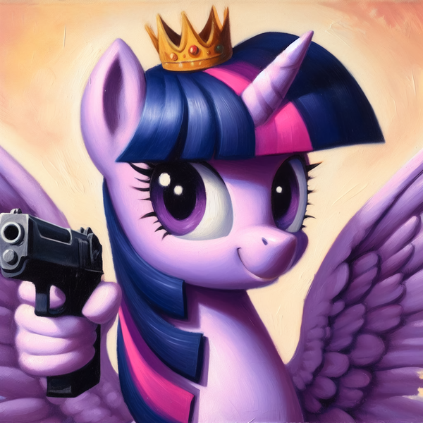 Size: 2048x2048 | Tagged: safe, ai content, derpibooru import, machine learning generated, twilight sparkle, alicorn, crown, generator:bing image creator, gun, handgun, image, jewelry, pistol, png, regalia, smiling, solo, weapon