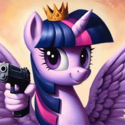 Size: 2048x2048 | Tagged: safe, ai content, derpibooru import, machine learning generated, prompter:krivovyaz, twilight sparkle, twilight sparkle (alicorn), alicorn, pony, g4, crown, delet this, generator:bing image creator, gun, handgun, high res, image, jewelry, pistol, png, regalia, smiling, solo, suddenly hands, weapon