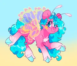 Size: 2048x1743 | Tagged: safe, artist:cocopudu, derpibooru import, pony, g1, antennae, chest fluff, cloven hooves, gradient background, image, looking at you, png, smiling, smiling at you, solo, sun glider, unshorn fetlocks, windy wing ponies