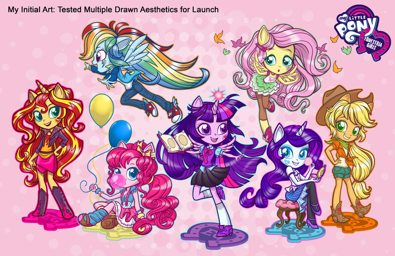 Size: 3840x2485 | Tagged: safe, artist:emily cantelupe, official, applejack, fluttershy, pinkie pie, rainbow dash, rarity, sunset shimmer, twilight sparkle, butterfly, human, insect, equestria girls, applejack's hat, balloon, big eyes, book, boots, bubblegum, chibi, clothes, concept art, cowboy boots, cowboy hat, cute, dashabetes, diapinkes, doll, equestria girls minis, female, flying, food, gum, hat, high res, humane five, humane seven, humane six, image, jackabetes, jacket, jpeg, ponied up, raribetes, shimmerbetes, shirt, shoes, shyabetes, sitting, skirt, stool, toy, twiabetes, what could have been
