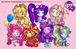 Size: 3840x2485 | Tagged: safe, artist:emily cantelupe, official, applejack, fluttershy, pinkie pie, rainbow dash, rarity, sunset shimmer, twilight sparkle, butterfly, human, insect, equestria girls, applejack's hat, balloon, big eyes, book, boots, chibi, clothes, concept art, cowboy boots, cowboy hat, cute, dashabetes, diapinkes, doll, equestria girls minis, female, flying, hat, high res, humane five, humane seven, humane six, image, jackabetes, jacket, jpeg, ponied up, raribetes, shimmerbetes, shirt, shoes, shyabetes, skirt, toy, twiabetes, what could have been