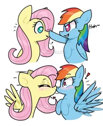Size: 1455x1774 | Tagged: safe, artist:funnyk16, derpibooru import, fluttershy, rainbow dash, pegasus, pony, 2 panel comic, :t, blushing, boop, comic, duo, exclamation point, eye clipping through hair, eyebrows, eyebrows visible through hair, eyes closed, female, floating heart, flutterdash, folded wings, heart, image, jpeg, kiss on the lips, kissing, lesbian, question mark, shipping, spread wings, surprised, unexpected, wingboner, wings