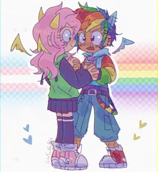 Size: 847x919 | Tagged: safe, artist:linter, derpibooru import, fluttershy, rainbow dash, human, clothes, cute, dashabetes, denim, duo, duo female, ear piercing, earring, eye contact, female, floating heart, flutterdash, g4, heart, holding hands, hoodie, humanized, image, jeans, jewelry, jpeg, lesbian, looking at each other, looking at someone, open mouth, open smile, pants, piercing, pony ears, pride, pride flag, shipping, shoes, shyabetes, skirt, smiling, sneakers, socks, transgender pride flag, younger